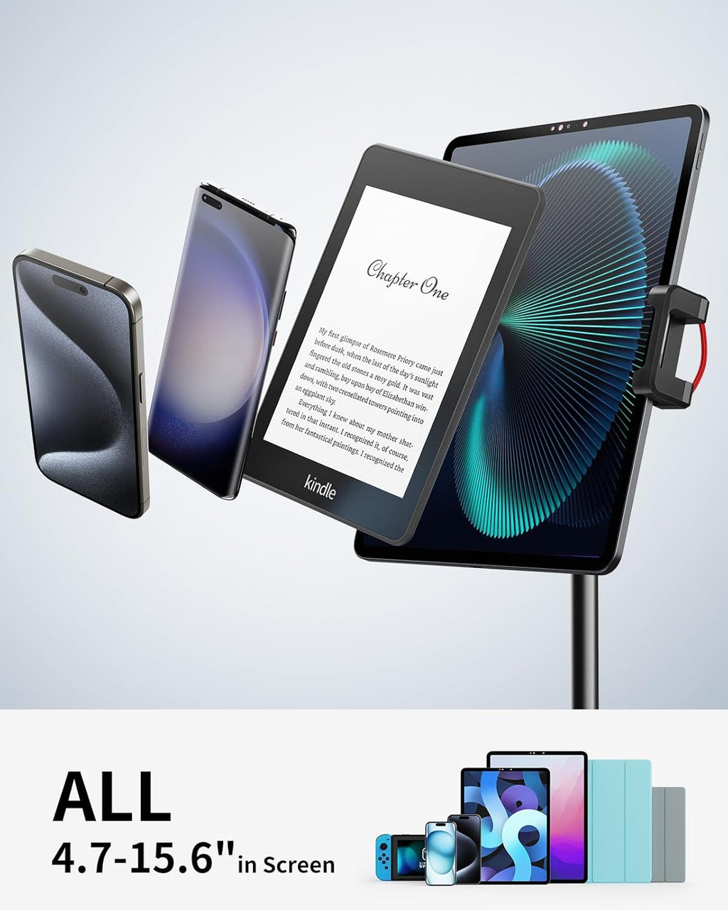 SAIJI Tablet Stand Holder, Extra-Height Adjustable Kindle Stand, 360 Degree Rotating iPad Holder, Aluminum Alloy Cradle Mount Dock for 4.7"-15.6" iPhone, Samsung, Tablets, Portable Monitor (Black)
