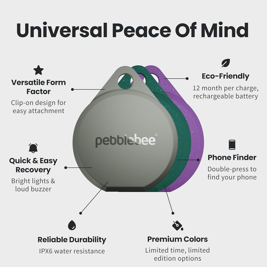 Pebblebee Clip 5 | Rechargeable Bluetooth Tracker Tag for Keys & Bags | Alternative to Air Tag & Android Trackers | 130 dB Siren, Bright LED Strobe, 12-Month Battery, Alert Safety Mode & Phone Finder