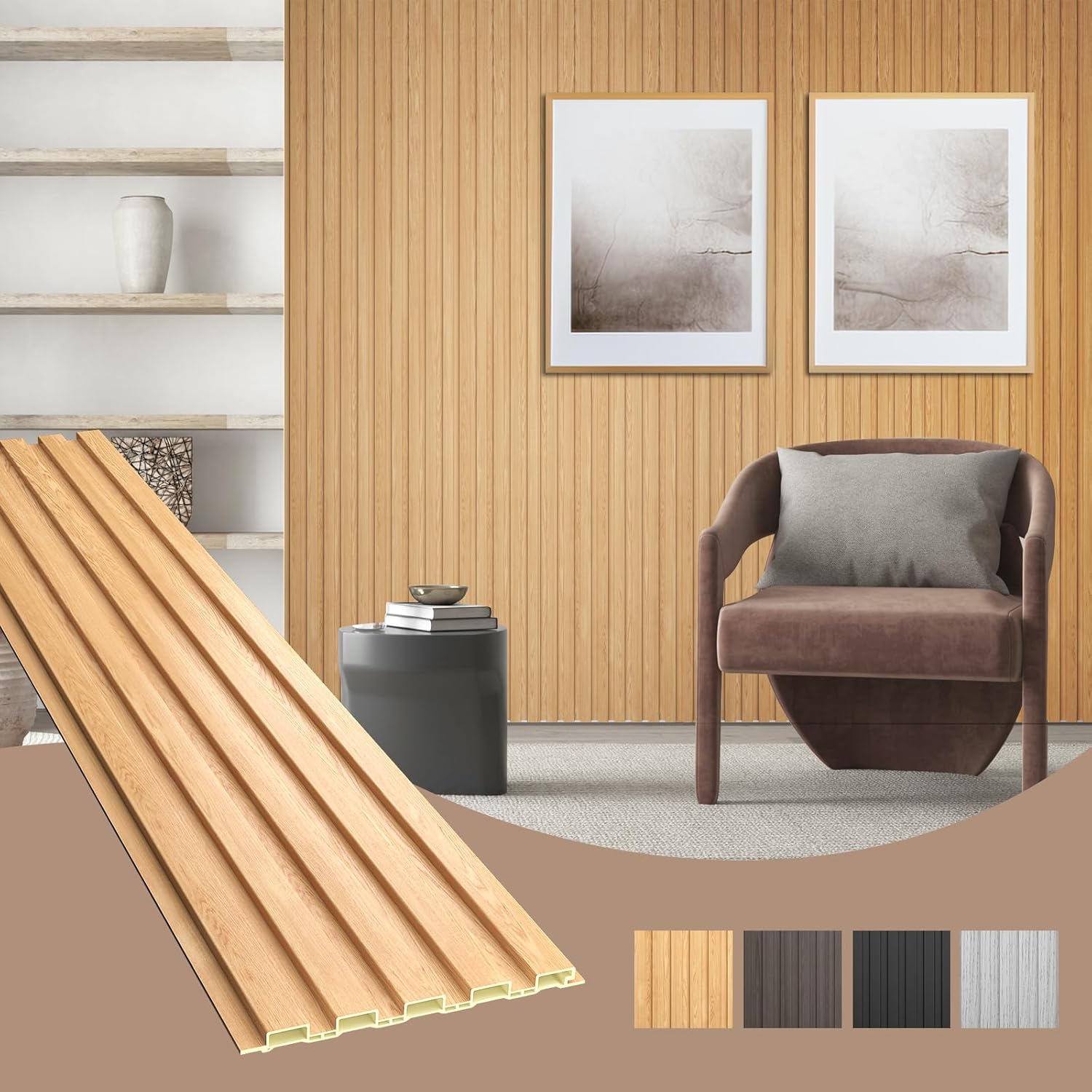 OUZUGIE WPC Acoustic Slat Wall Paneling, 8-Pack 96 x 6 Inches 3D Wall Panels for Interior Wall Decor,Living Room,TV Background,Study Room,Office Spaces,Bedroom,Low Grille (Oak)