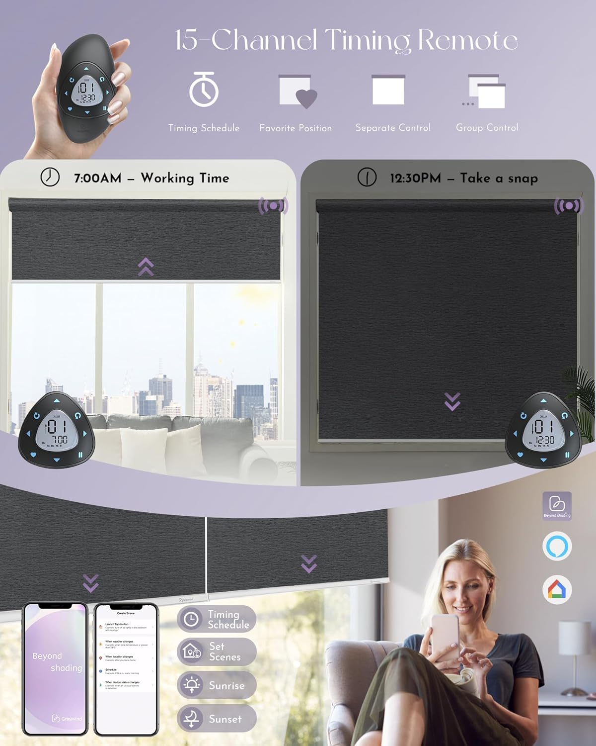Graywind Smart Blackout Roller Shades Work with Alexa Google Textured Fabric Rechargeable Motorized Blinds Cordless Remote Control Window Shades, Custom Size (Frequency Nero)