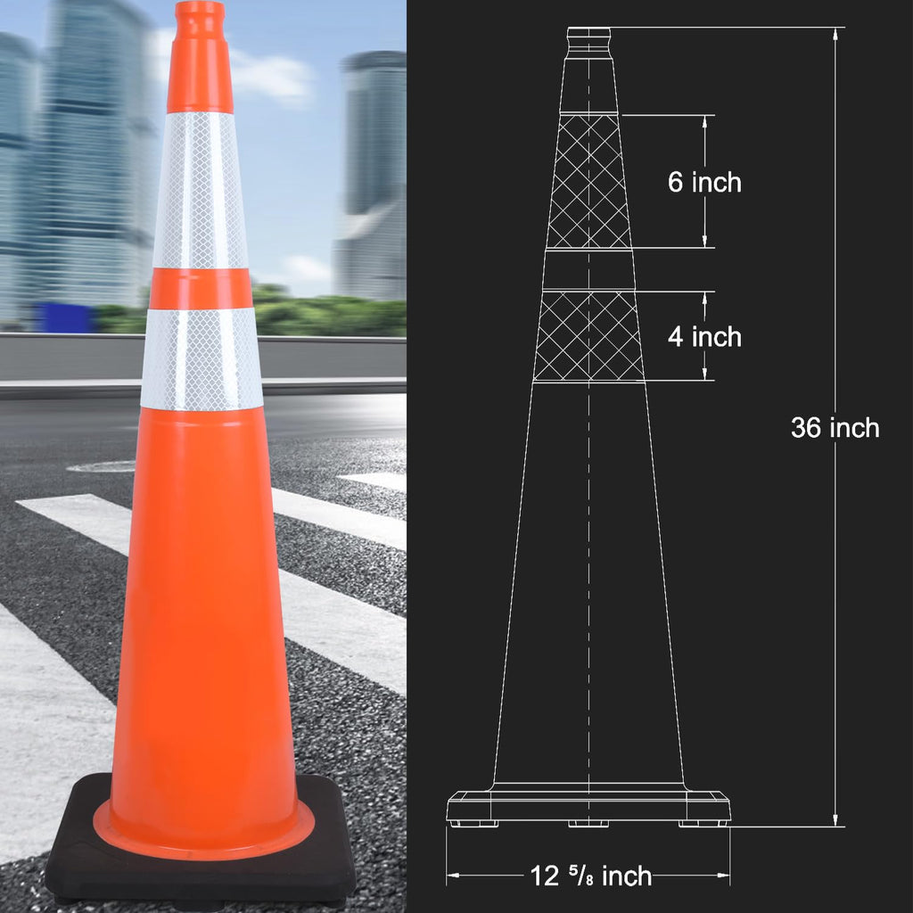 6 Pack Extra Large 36" Inch PVC Traffic Cones with Heavy-Duty Base, High-Visibility All-Weather Safety Cones for Road Construction, Parking Lot, and Garage Use (6, Orange, 36" Extra Large)