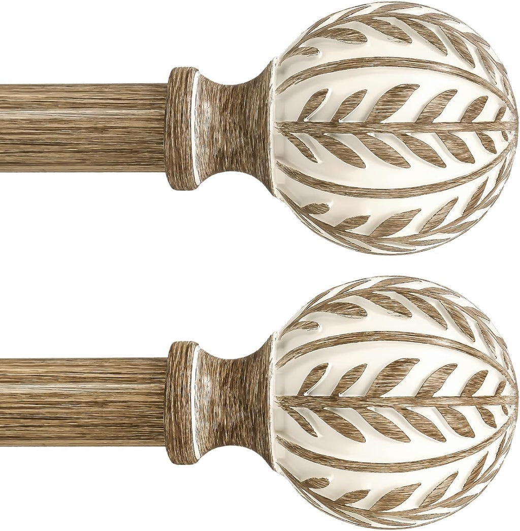 2 Pack Boho Wood Curtain Rods for Windows 72 to 144 inch,1" Adjustable Heavy Duty Window Curtain Rod with Imitation Wood Grain Finials,Rustic Decorative Drapery Rods Set 36-150'',Weathered Wood