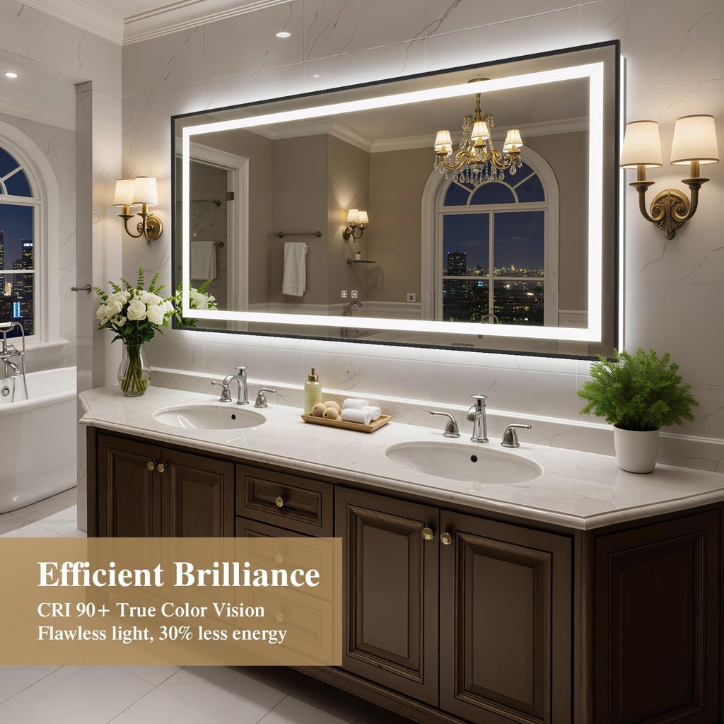 72X36 Inch LED Bathroom Mirror with Lights, Black Frame Frontlit+ Backlit Bathroom Vanity Mirror for Wall, Ultra-Clear Tempered Glass, Shatter-Proof, Anti-Fog and Memory Function, ETL Listed