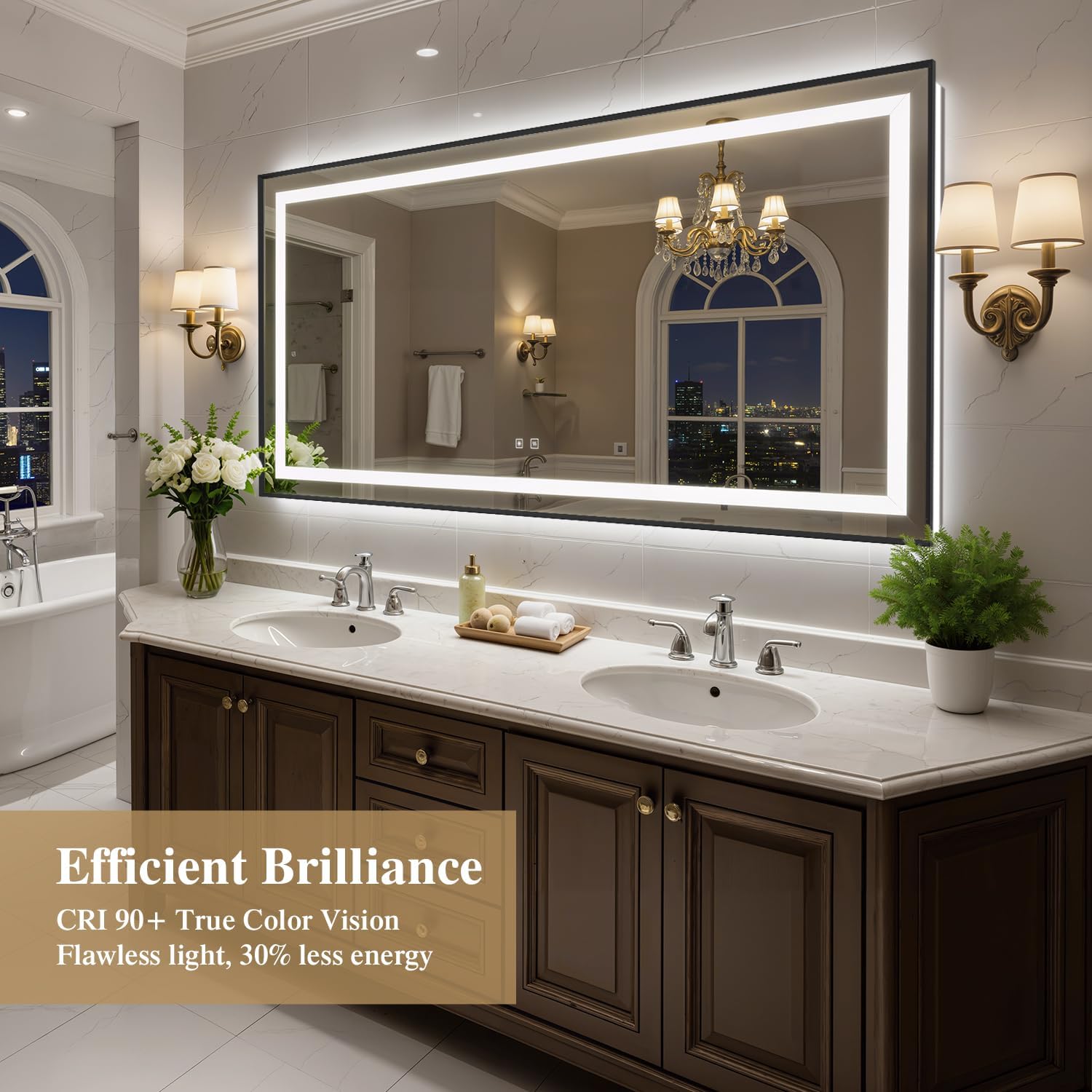 72X36 Inch LED Bathroom Mirror with Lights, Black Frame Frontlit+ Backlit Bathroom Vanity Mirror for Wall, Ultra-Clear Tempered Glass, Shatter-Proof, Anti-Fog and Memory Function, ETL Listed