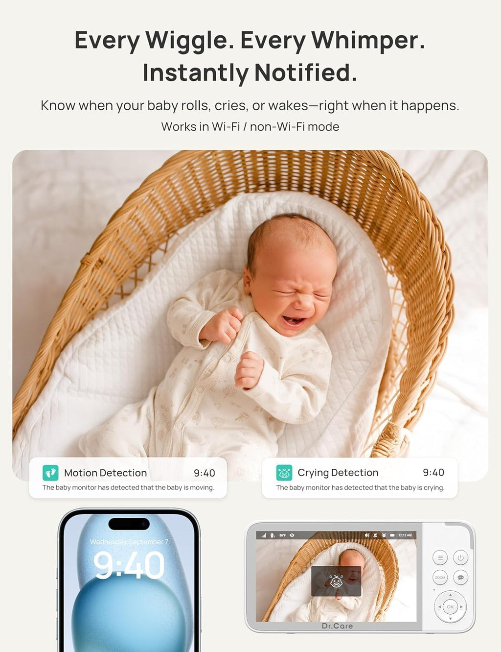 Dr.Care VistaView 5” Smart WiFi Baby Monitor with 2 Camaras - 2K Camera App Control & 1080P Split Screen, Cry & Motion Detection, Pan-Tilt-Zoom, HD Night Vision, Video Recording, Triple Security