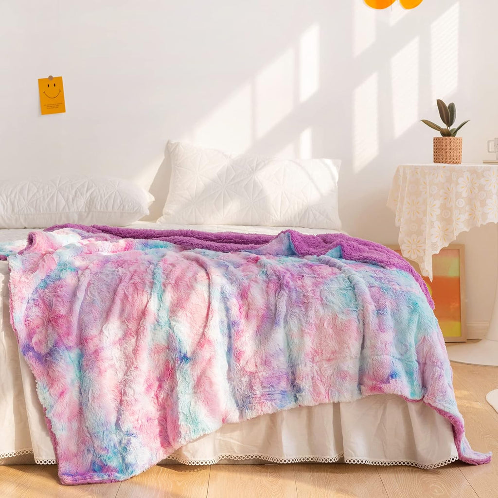 NEWCOSPLAY Super Soft Faux Fur Blanket Twin Size Purple Rainbow Sherpa Fuzzy Plush Warm Blanket for Sofa Bed (Purple Rainbow, Twin(60"x80"))