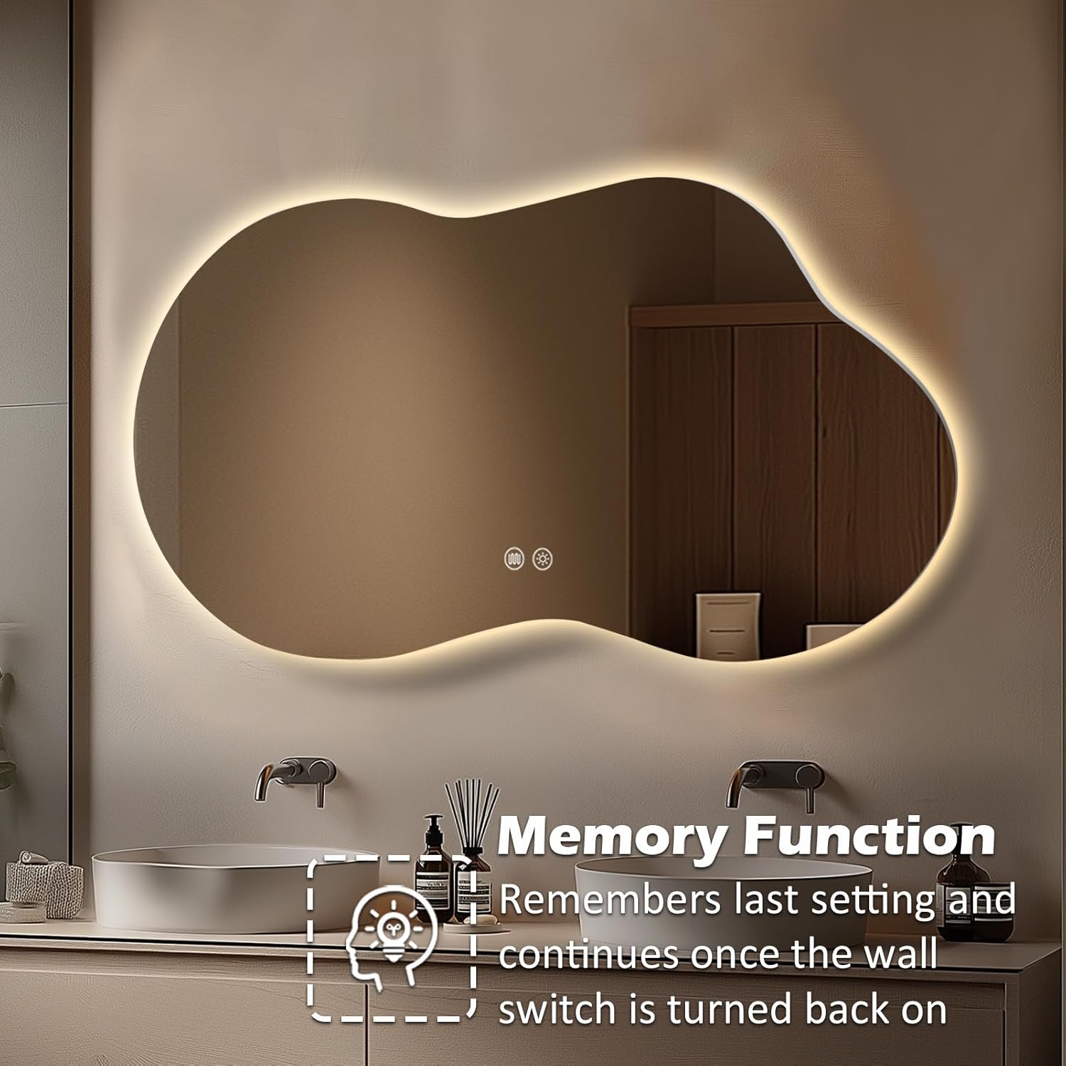 LED Bathroom Mirror with Lights 24x40, Stepless Dimmable Irregular Backlit Mirror with 3 Colors, Anti-Fog, Memory, Al-Alloy Lampshade, Frameless Smart Mirror for Bathroom (Horizontal/Vertical)
