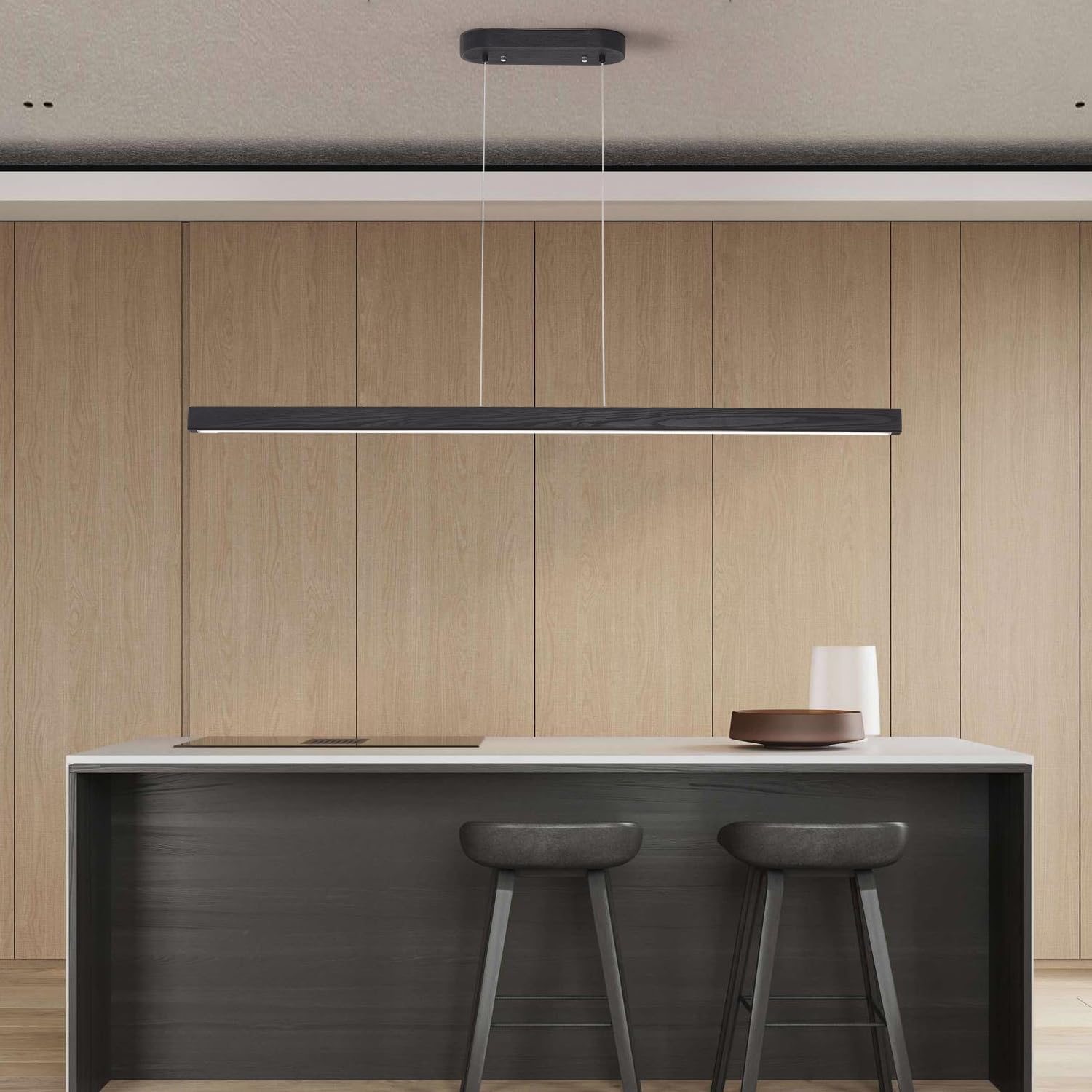 59'' Led Pendant Light 40w Dimmable with Remote Wood Linear Pendant Lighting Led Modern Chandelier Island Light with Black Finish for Living Room Dining Room Billiard & Pool Lights Black