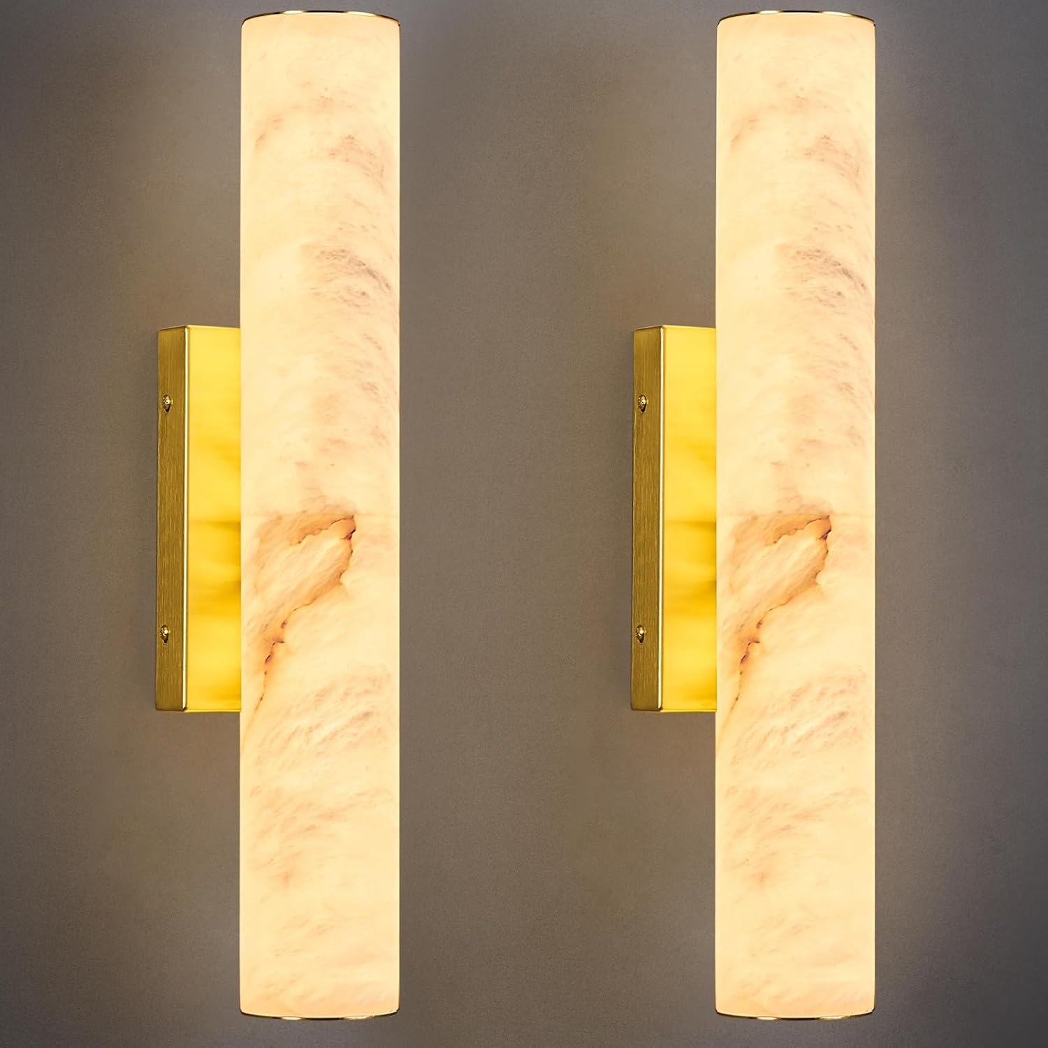 LMQNINE Natural Alabaster Wall Sconces Set of Two Spanish Marble Wall Light Cylinder Modern Gold LED Sconce for Living Room Bedroom Bathroo Stairs（S-2Pack）