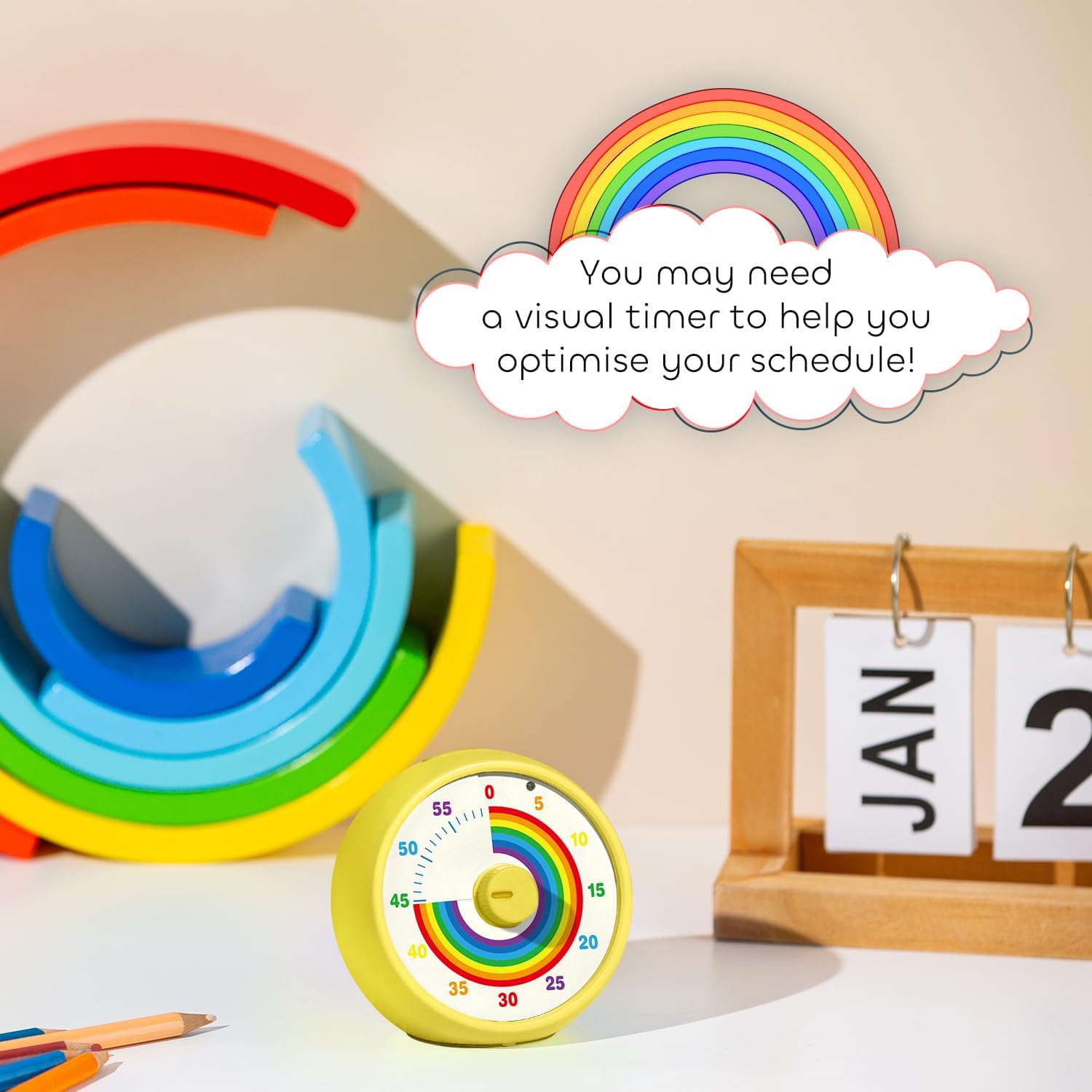 Visual Timer for Kids, 60-Minute Countdown Timer for Classroom Office Kitchen, Desk Timer Kids Time Management Tools with Silent Operation, Pomodoro Time Rainbow Pattern (Yellow)