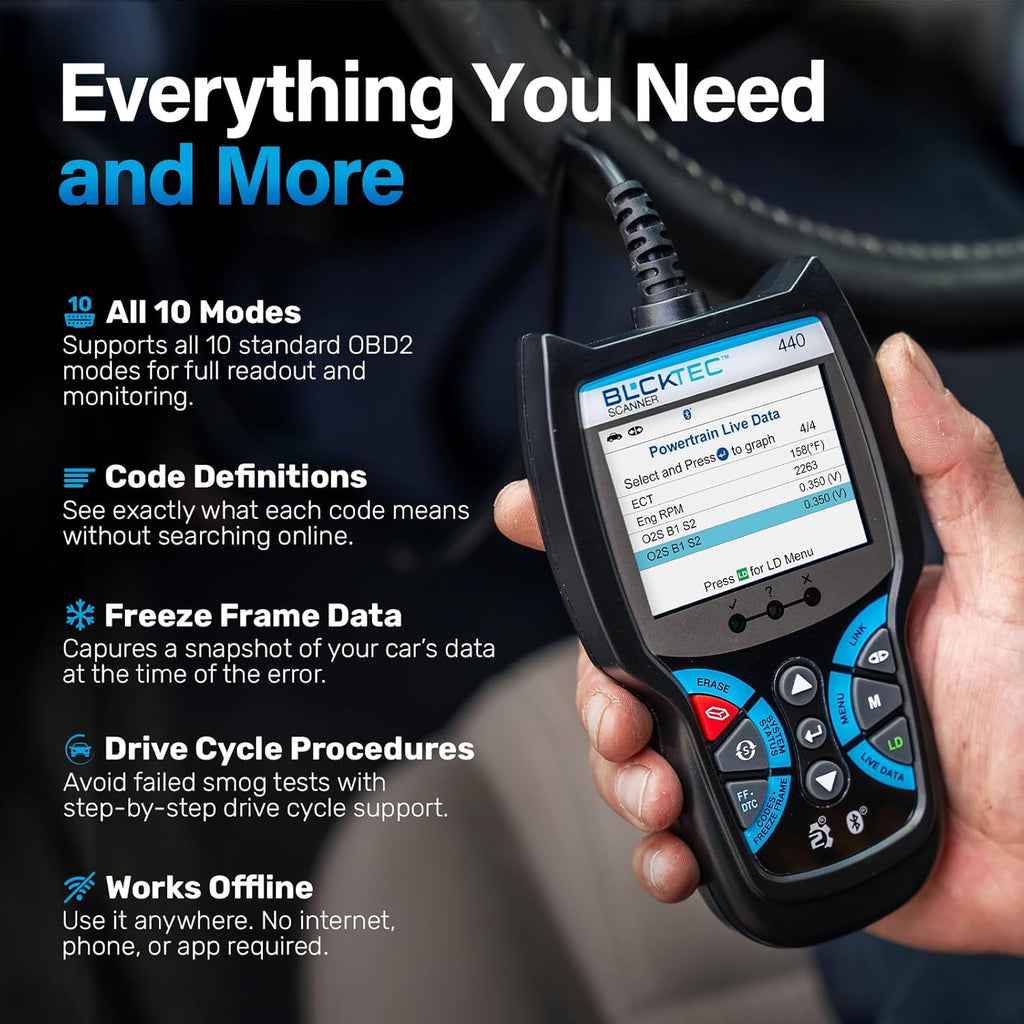 BLCKTEC 440 Bluetooth OBD2 Scanner Diagnostic Tool - Car Code Reader and Scanner for Car - Comes with Live Data - Battery/Charging System Test - Works for All OBD Compliant Cars 1996 & Newer