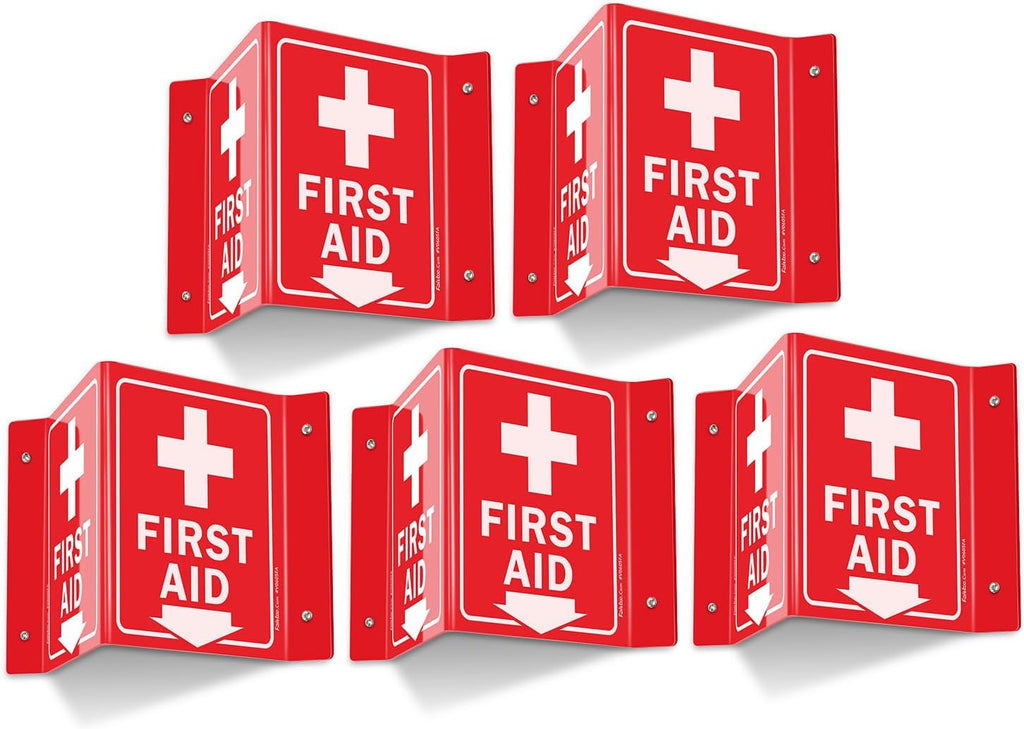 Faittoo First Aid Sign, 5 Pack First Aid with Cross Symbol - 6 x 8 Inches V-Shaped Acrylic Plastic, 4 Pre-Drilled Holes, Includes Matching Screws, Use for Home Office/Business