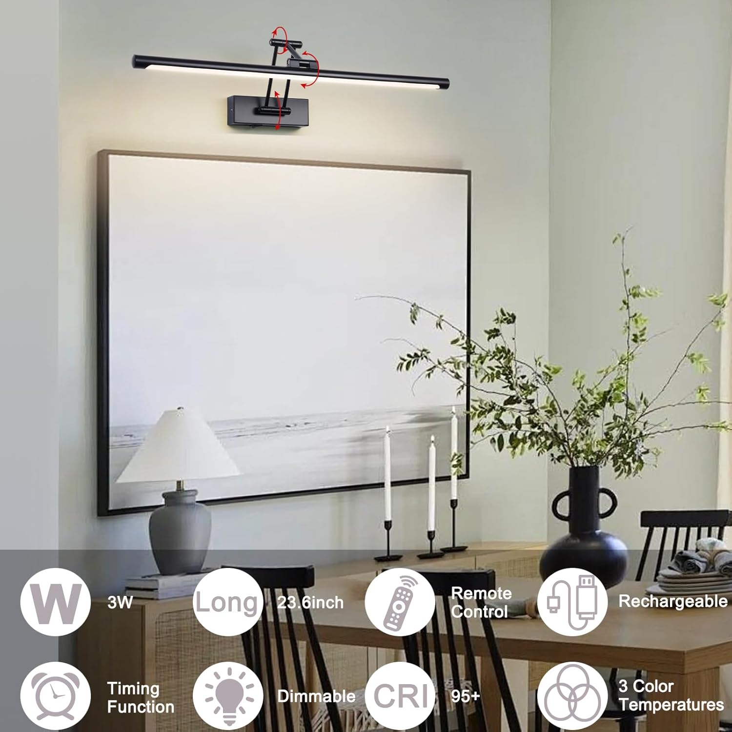 LED Battery Operated Picture Lights with Remote Wireless Art Lighting for Wall 23.6 Inch Rechargeable Painting Light Black Frame Lights Dimmable 3CCT Gallery Light for Library Portrait