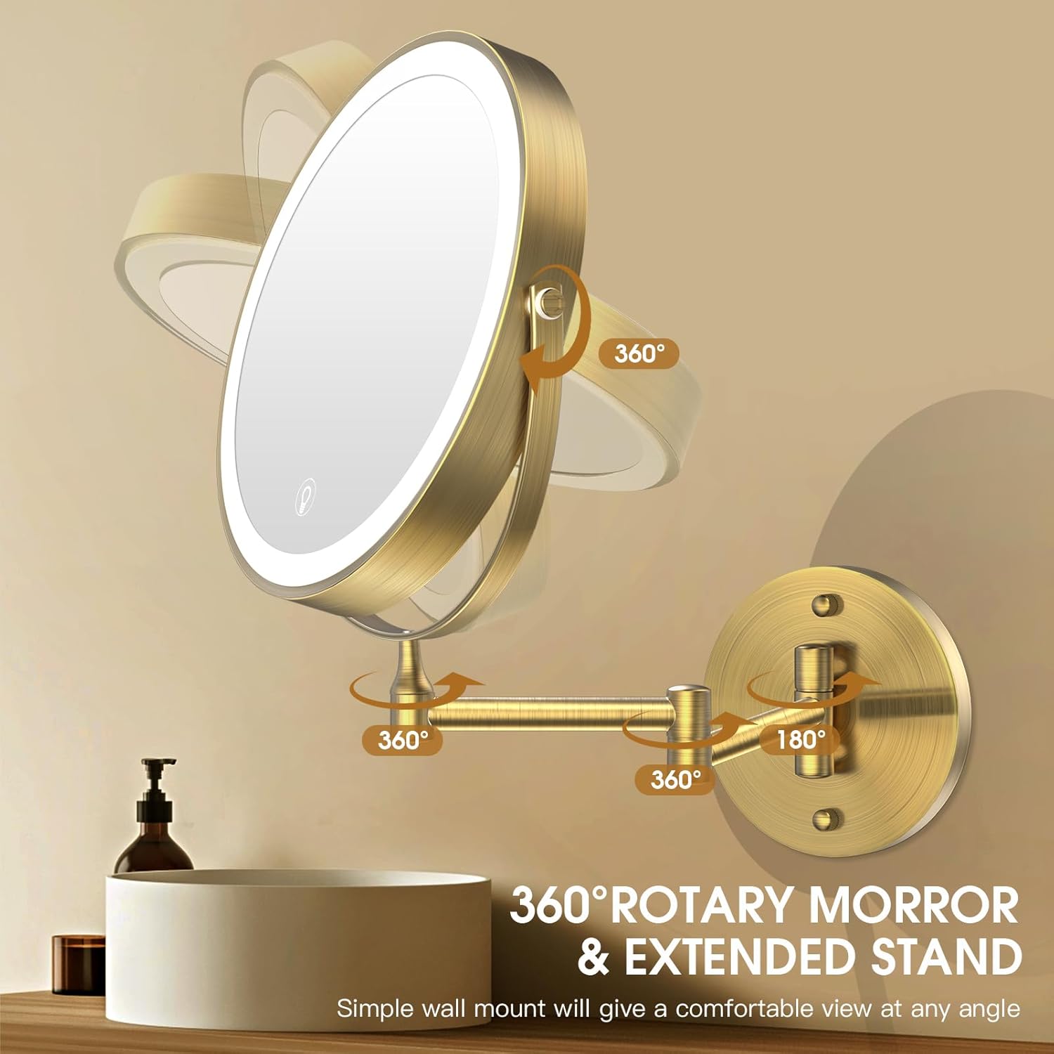 Wall Mounted Lighted Makeup Mirror,8" Rechargeable Double-Sided Light up Magnifying Mirror 1x/10x,3 Color Led Vanity Mirror with Lights,Touch Dimmable 360° Rotation-Antique Bronze