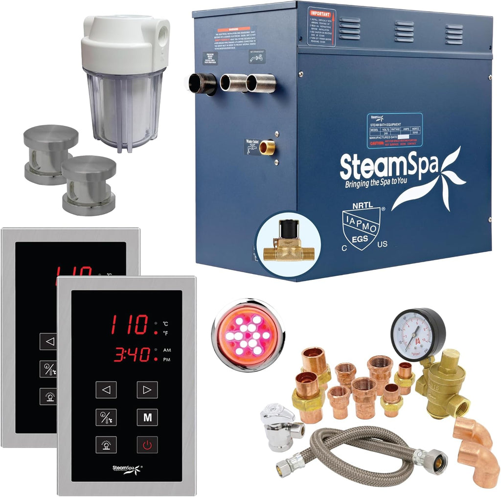 SteamSpa 10.5kW Steam Sauna Generator Executive Bundle 240V Steam Generator with Touch Pad, Steamheads, Pressure Relief Valve, Built-in Auto Drain, LED Light, Filter and Quick Install Kit EXT1050BN