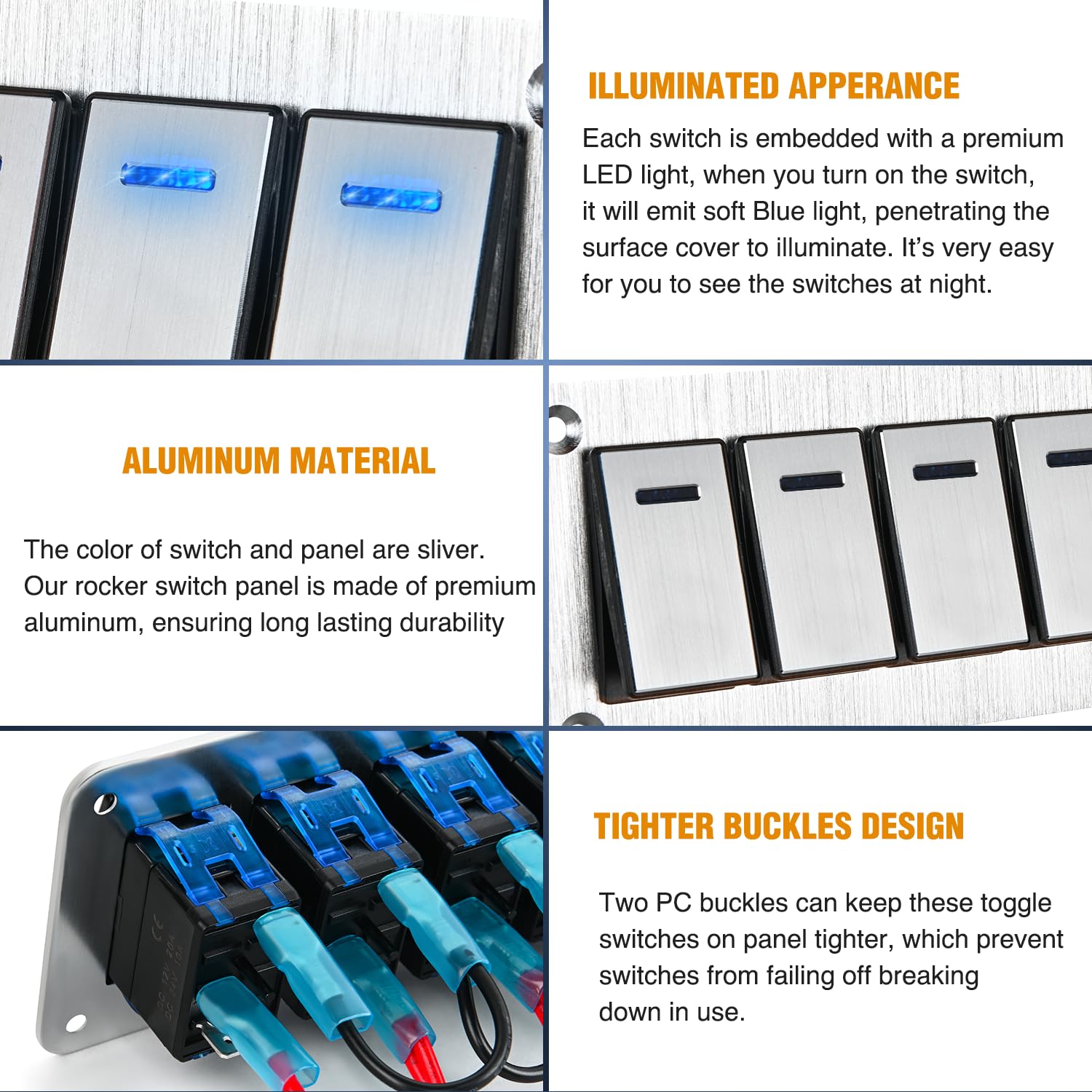 Nilight 5 Gang Rocker Switch Panel 3 Pin On Off Pre-Wired Blue LED Waterproof Aluminum with DIY Stickers for 12V 24V Automotive Cars Marine Boats UTV Truck Jeeps