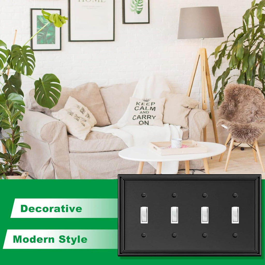 Black Modern Decorative Wall Plate Light Switch Cover Decorator Outlet Covers Rocker Switch Plates Bamboo Fiber Material Wall Plates for Kitchen Bathroom (4 Gang Quad Toggle-1 Pack)