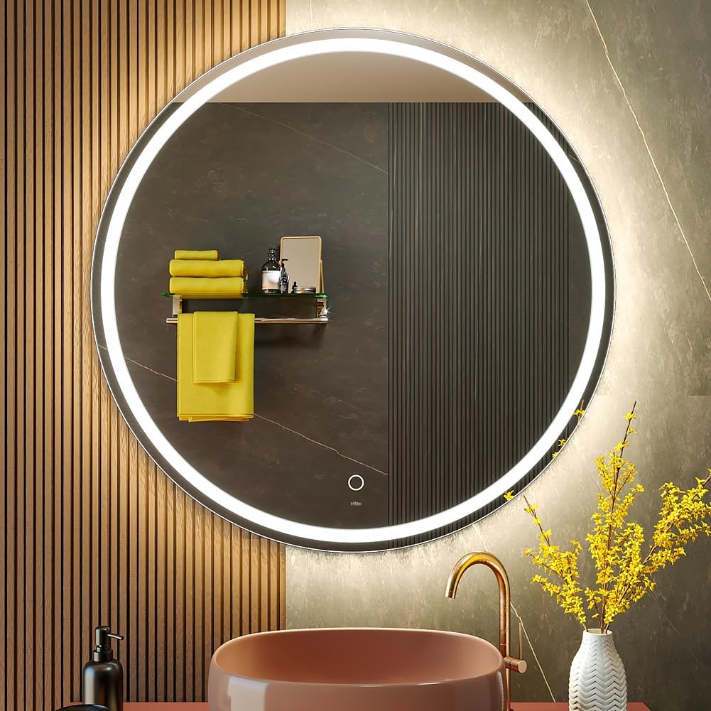 KWW Round Mirror Bathroom LED Lighted Mirror, Illuminated Dimmable Anti-Fog Wall-Mounted Makeup Vanity Mirror with Lights (36 inches)