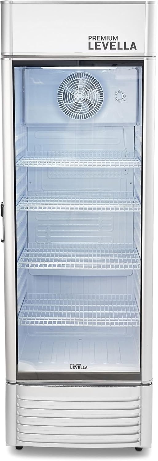PremiumLevella PRF155DX Glass Door Display Refrigerator 15.5 cu ft Commercial Beverage Cooler Merchandiser With Customizable Lightbox - Silver