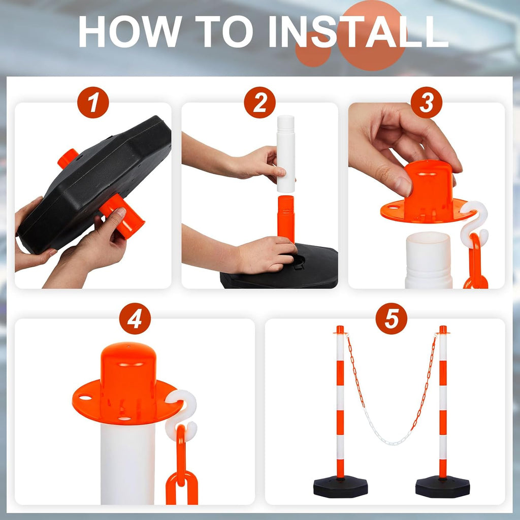 Amylove 12 Packs Traffic Delineator Post Cone with Base, Traffic Cones Safety Cones Caution Cones Plastic Stanchion Chain Safety Barriers with 6.6 Feet Link Chain and S Hooks for Parking Lot (Orange)