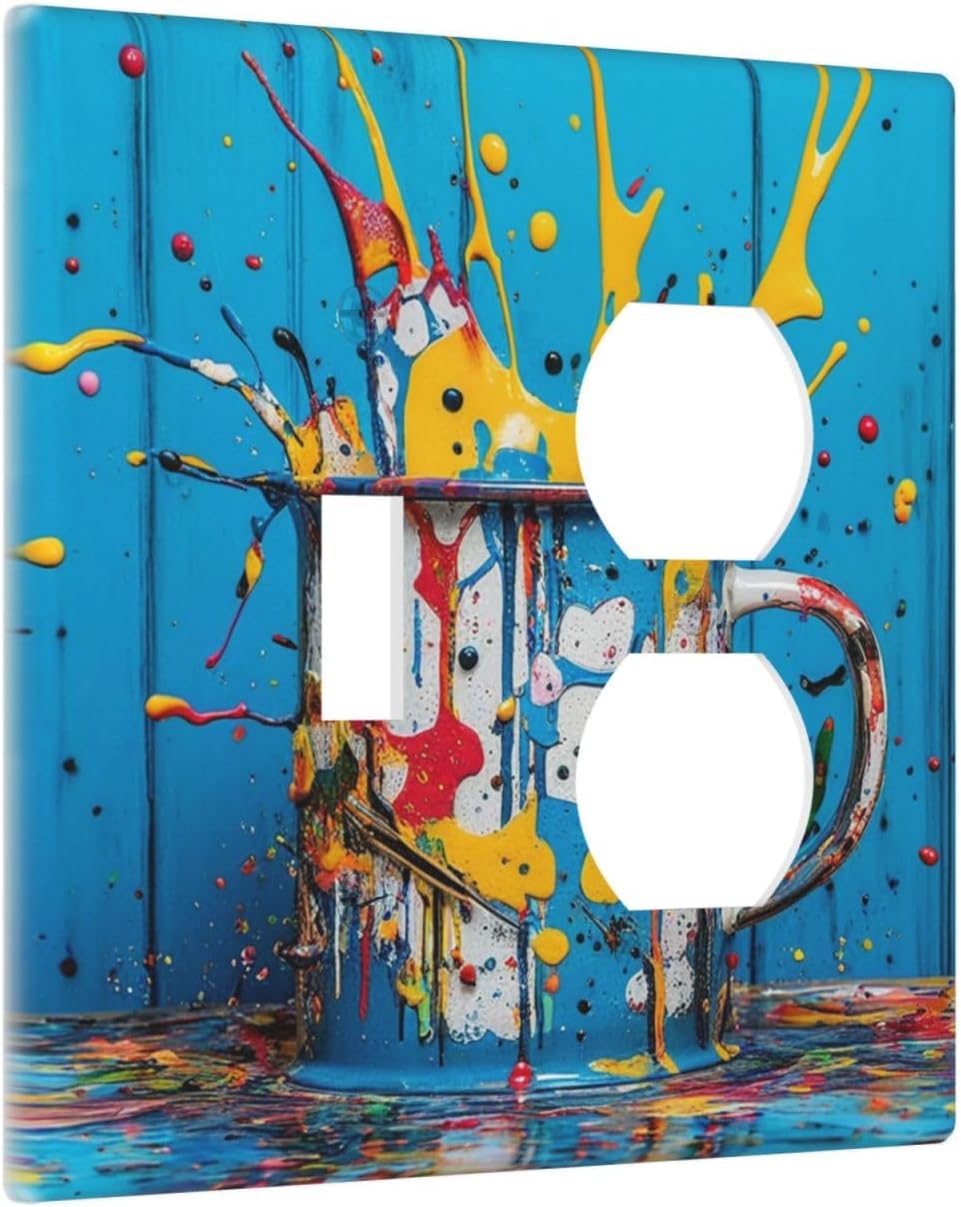 Decorative Outlet Covers Colorful Paint Splatters Blue Wood Plank 2 Gang Wall Plate Cover Single Toggle Duplex Combo Two Switch Light Switch Cover Plate Jumbo Faceplate