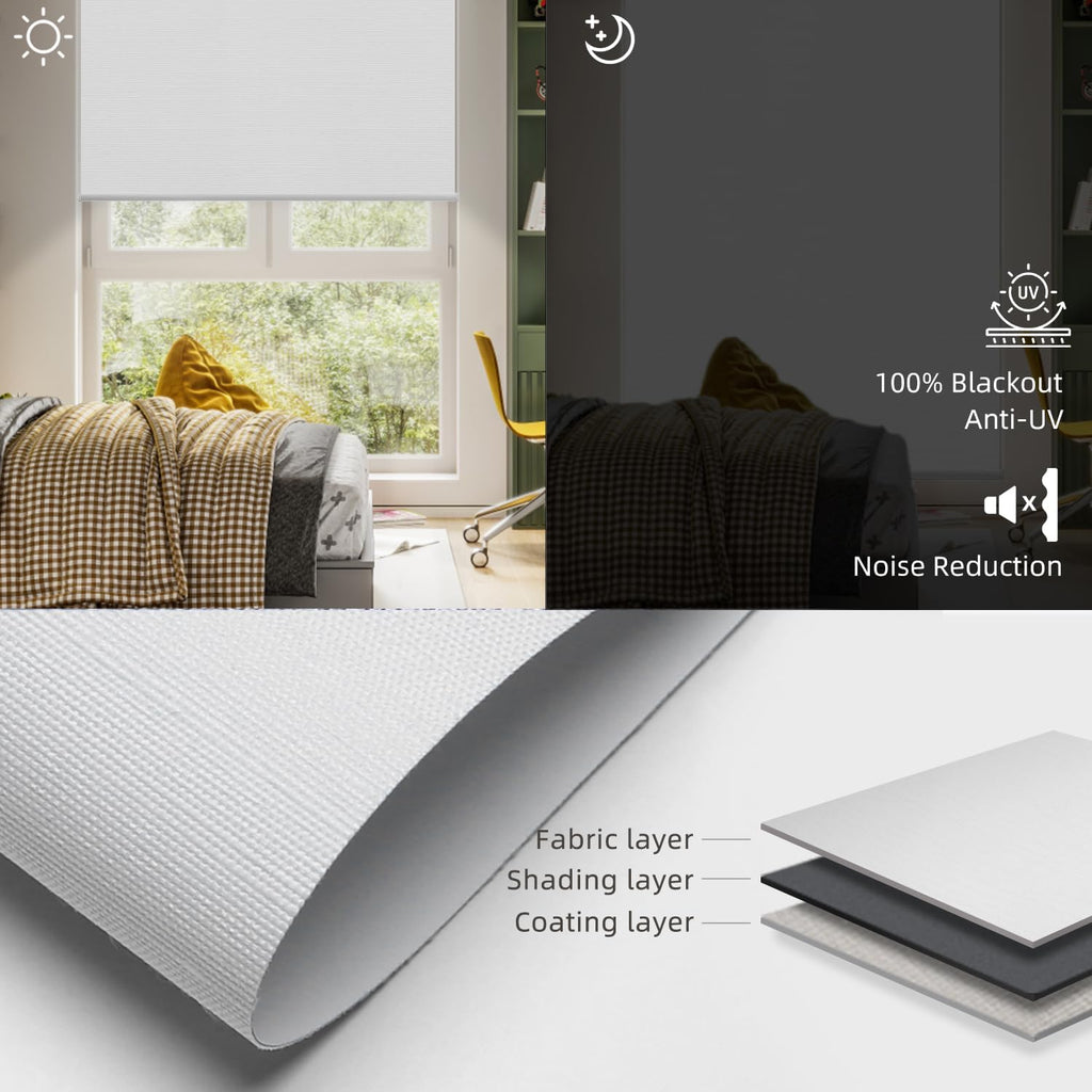 SmartWings Motorized Roller Shades Work with Homekit, Alexa Google, 100% Blackout Smart Blinds for Windows, Cordless Remote Control Window Shades, Essential White, Customized Size