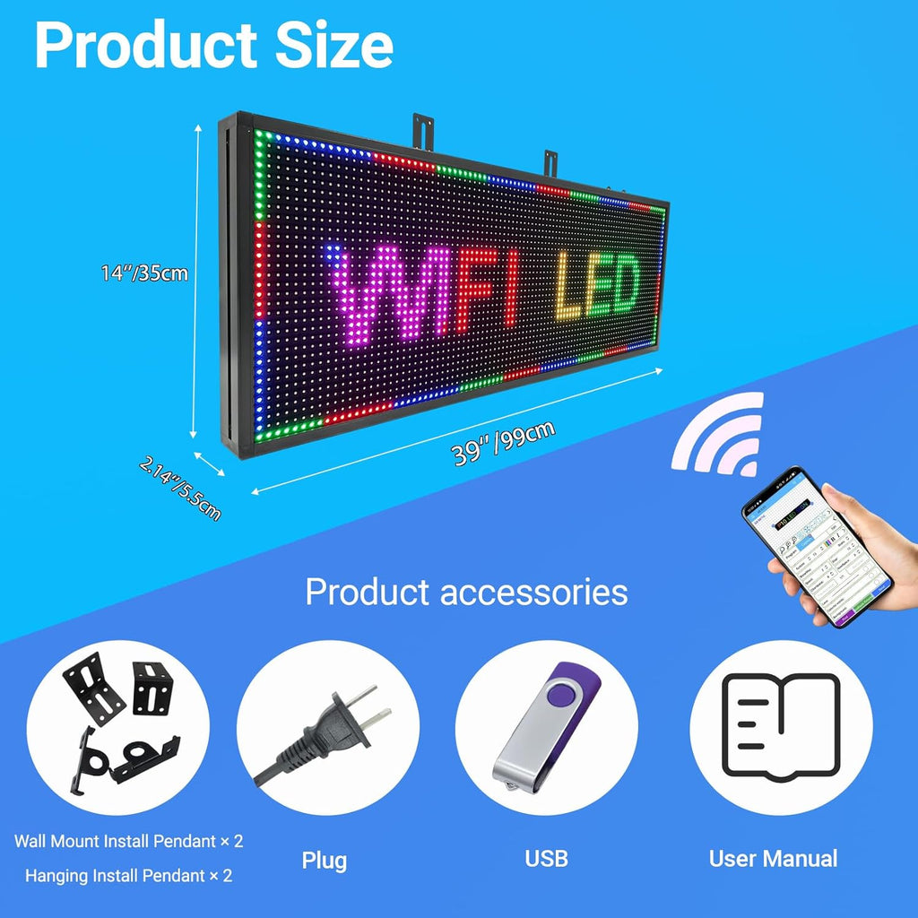 P10 LED Signs, Scrolling Led Programmable Sign Display 39"x14" , Multiple Colors Digital Message Board LED Open Signs For Business, WiFi Control Display Screen Menu Board Custom Banner Word, Outdoor and Indoor