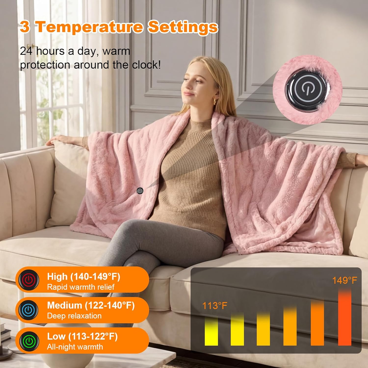 Cordless Heated Blanket Battery Operated with Fleece Lining 7.4V 16000mAh Battery Portable Wearable Heated Shawl for Women Men 6 Heating Zones 3 Fast-Heating Levels (Battery Included)