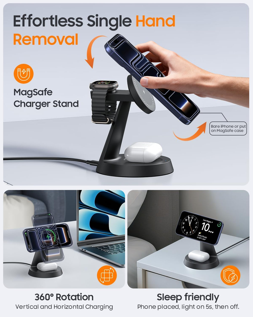 3 in 1 Magnetic Charging Station for Apple Devices, 15W Fast Wireless Charger Compatible with MagSafe Charging Stand Dock for iPhone 17 16 15 14 13 12, Watch Charger Stand for Apple Watch & Earbuds
