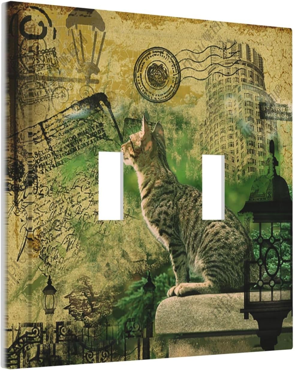 Decorative Switch Plate Covers Vintage Style Cat City Stamp 2 Gang Double Toggle Light Switch Cover Plate Electrical Wall Plate Outlet Cover for Bedroom Home Decor