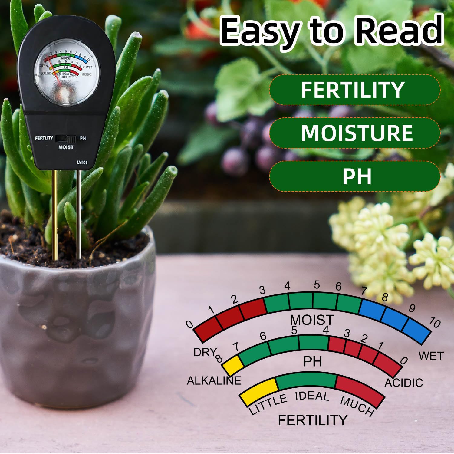 3-in-1 Soil Moisture Meter pH & Fertility Tester, No Battery Needed Plant Soil Test Kit for Houseplants, Garden, Lawn & Farm, Plug-and-Read Soil Acidity Meter for Indoor Outdoor Potted Plants (Black)
