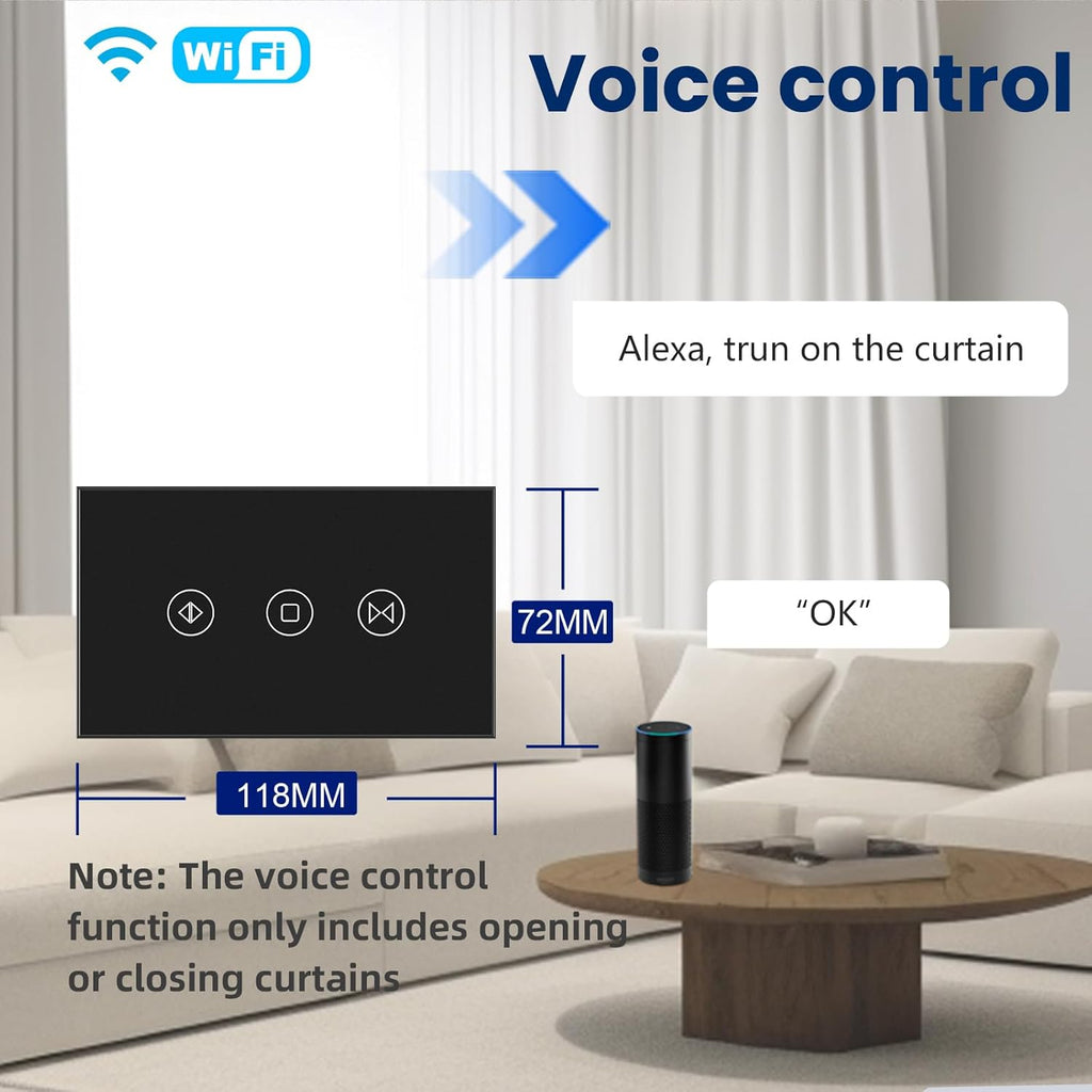 Smart Curtain Switch Neutral Wire Required, 2.4GHz WiFi Dimmer Light Switch with Remote Voice Control, Tempered Glass Panel, Compatible with Alexa and Google Home, Black WiFi Curtain