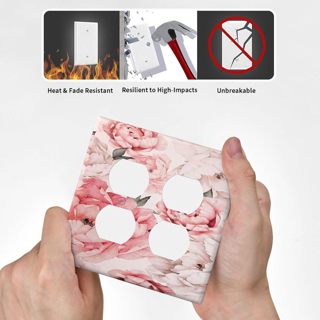 Decorative Outlet Covers Ink Pink Peony Flower Rustic Floral 2 Gang Wall Plate Double Duplex Light Switch Cover Switch Plate Covers Faceplate for Home Bedroom Decor