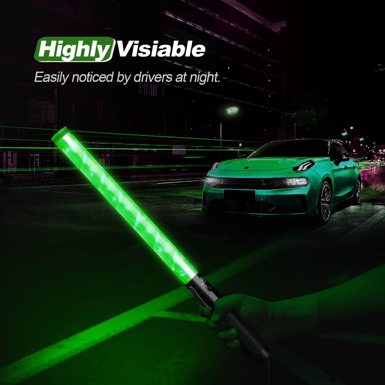 RoadHero 1 Pack 21 Inch Traffic Wands, Green Led Traffic Control Baton, Night Safety Light Wand with 2 Flashing Modes, Air Marshaling Signal Wand with Side Clip for Airport, Parking, Car Directing