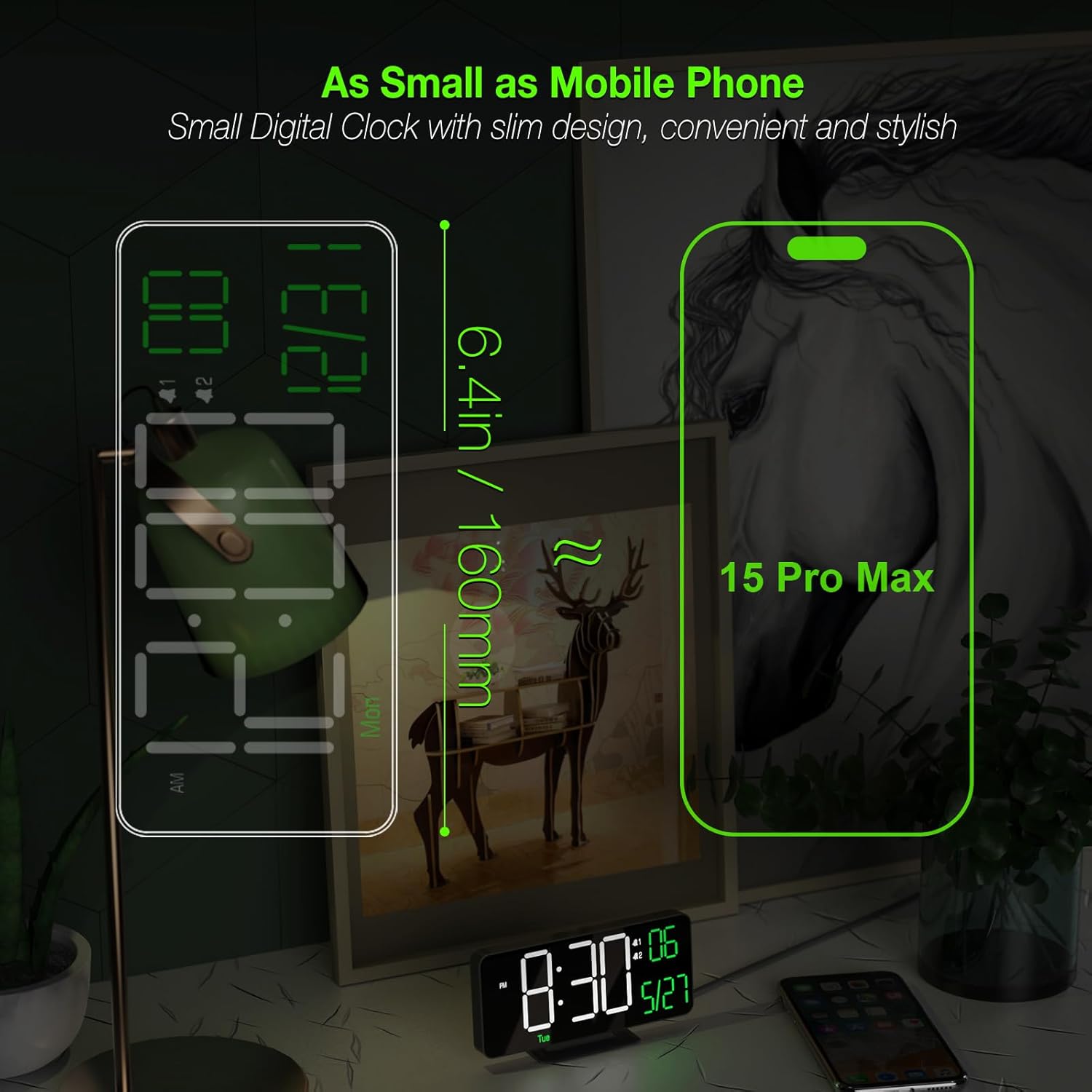 KOSUMOSU Digital Clock for Bedroom, 6.7in Black Alarm Clocks for Bedrooms,Auto Dimming, Date, Day of Week, Indoor Temperature,Digital Alarm Clock,Clocks for Living Room