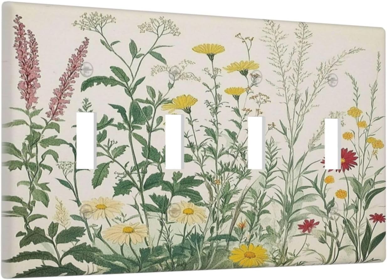 Rustic Wildflower Green Plants Daisy Floral Light Switch Covers Quad Toggle Electrical Faceplate 4 Gang Wall Plate Decorative Switch Plates For Farmhouse Bed Room Decor