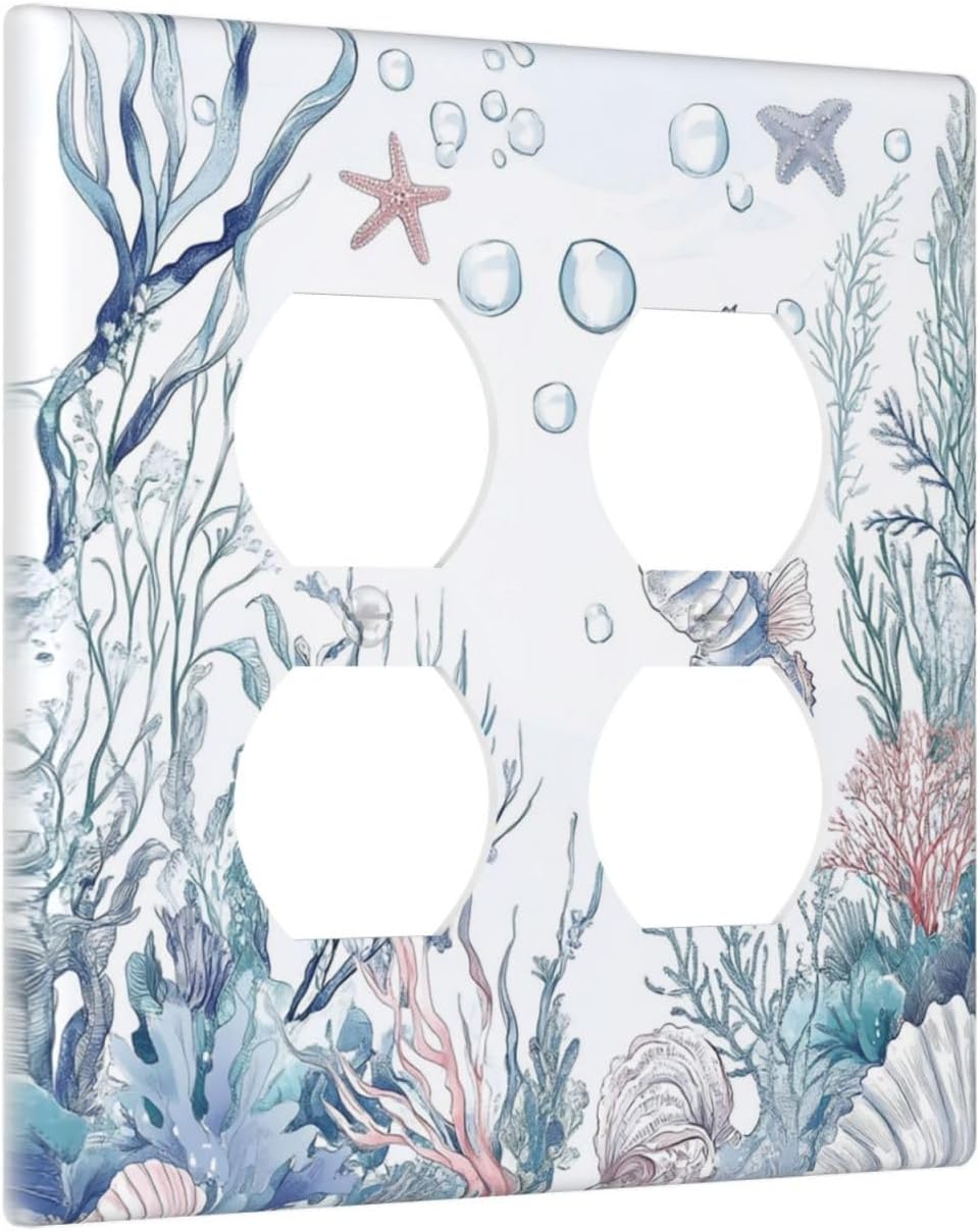 Outlet Covers Ocean Coral Seahorse Seashell Starfish 2 Gang Double Duplex Decorative Light Switch Covers Electrical Wallplates Socket Faceplate For Bathroom Home Decor