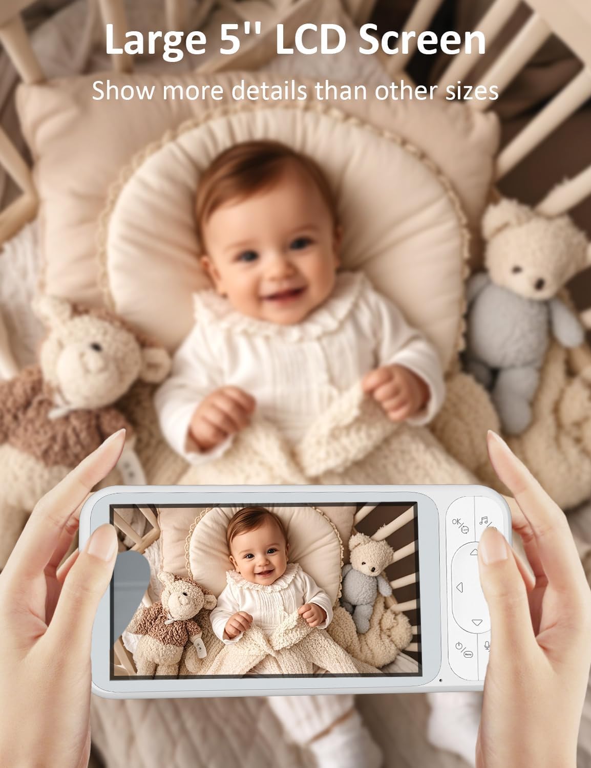 1080P No WiFi Baby Monitor with Camera and Audio, 5'' Screen 32-Hour 5000mAh Battery, 4X Zoom, Night Vision, 2-Way Talk, 8 Lullabies, 1200ft Long Range