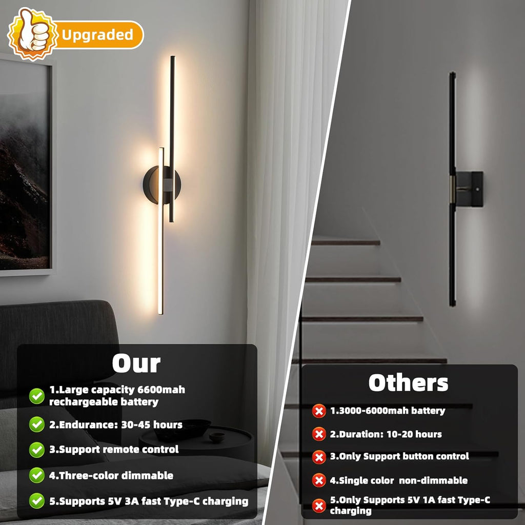 Rechargeable Battery Operated Wall Sconce Set Of Two, Black Wireless LED Wall Sconces With Remote Control, Dimmable 3 Colors Cordless wall lights for Living Room, bedroom, Hallway, 31.4 Inch ( 2pcs)