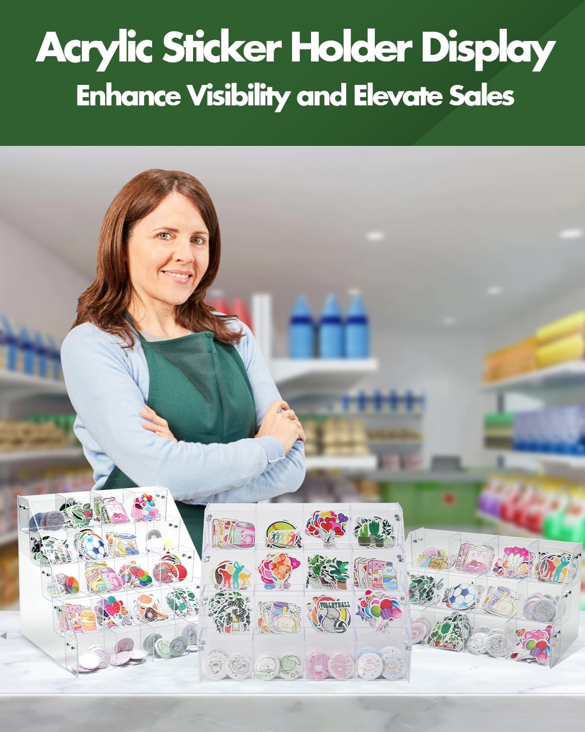 UCEC Clear Acrylic Sticker Display Stand, 3-Tier 12 Pockets Acrylic Card Display & Sticker Organizer, Essential Portable Organizer for On-the-Go Professionals, Tradeshows, Retail, and Supplier Events