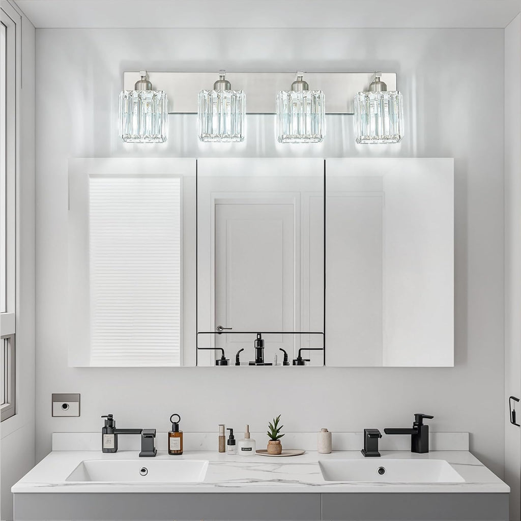 Modern Vanity Light 4-Lights Brushed Nickel Vanity Light Crystal Bathroom Wall Light Bathroom Light Fixtures