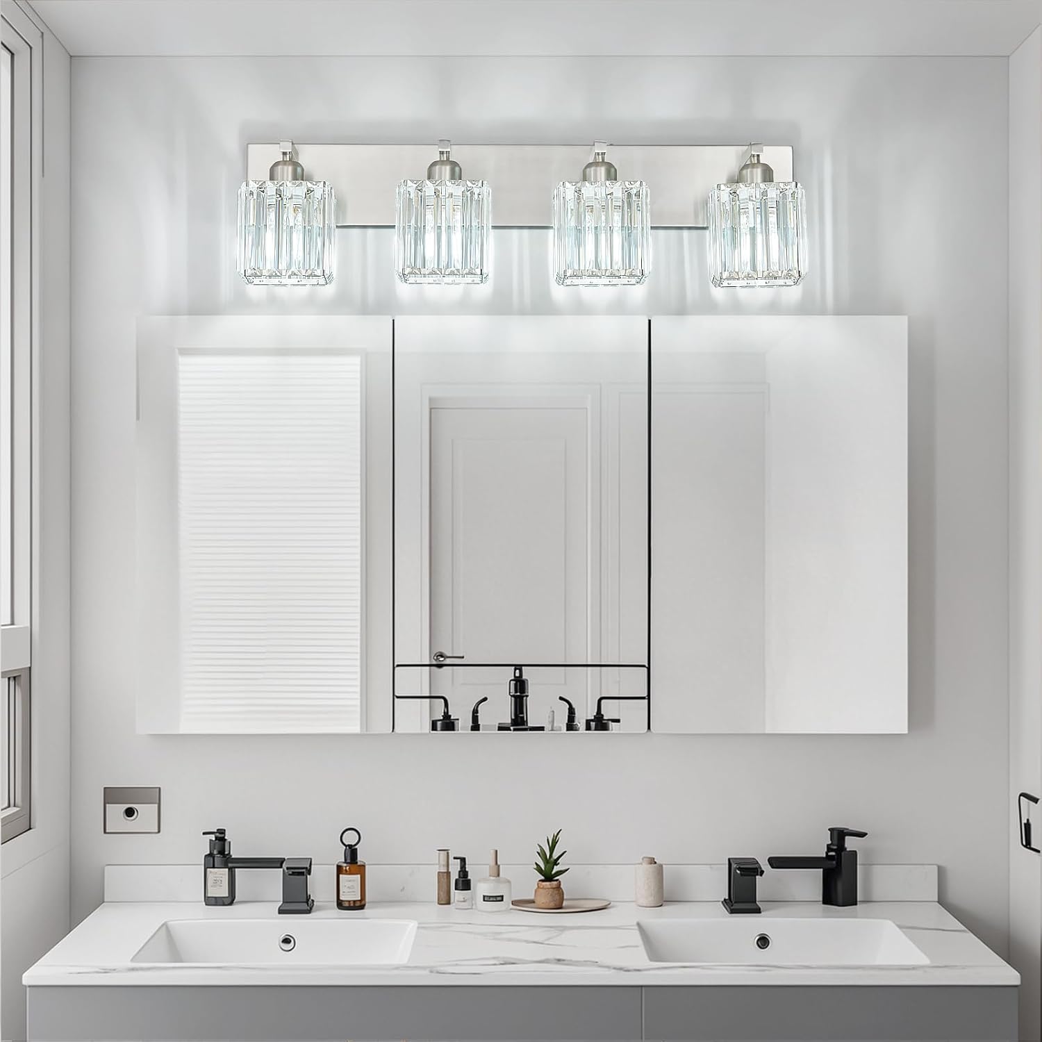 Modern Vanity Light 4-Lights Brushed Nickel Vanity Light Crystal Bathroom Wall Light Bathroom Light Fixtures