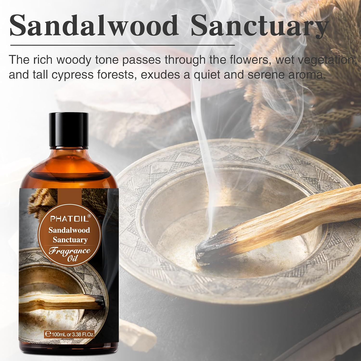 PHATOIL 3.38FL.OZ Sandalwood Sanctuary Fragrance Oils for Aromatherapy, Essential Oils for Diffusers for Home, Perfect for Diffuser, Yoga, Skin Care, DIY Candle and Soap Making - 100ml