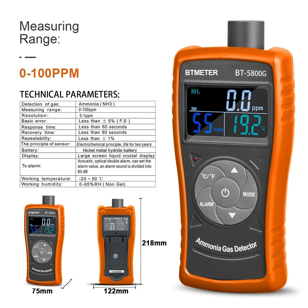 BTMETER Ammonia Gas Detector Sensor 5800G and Industrial Thermometer 981D Combo