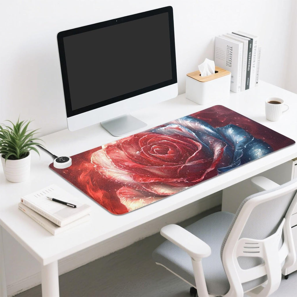 Large Heated Mouse Pad,Leather Desk Mat,31.5"x13", Hand Warmer Pads for Desk,Rose(Red)