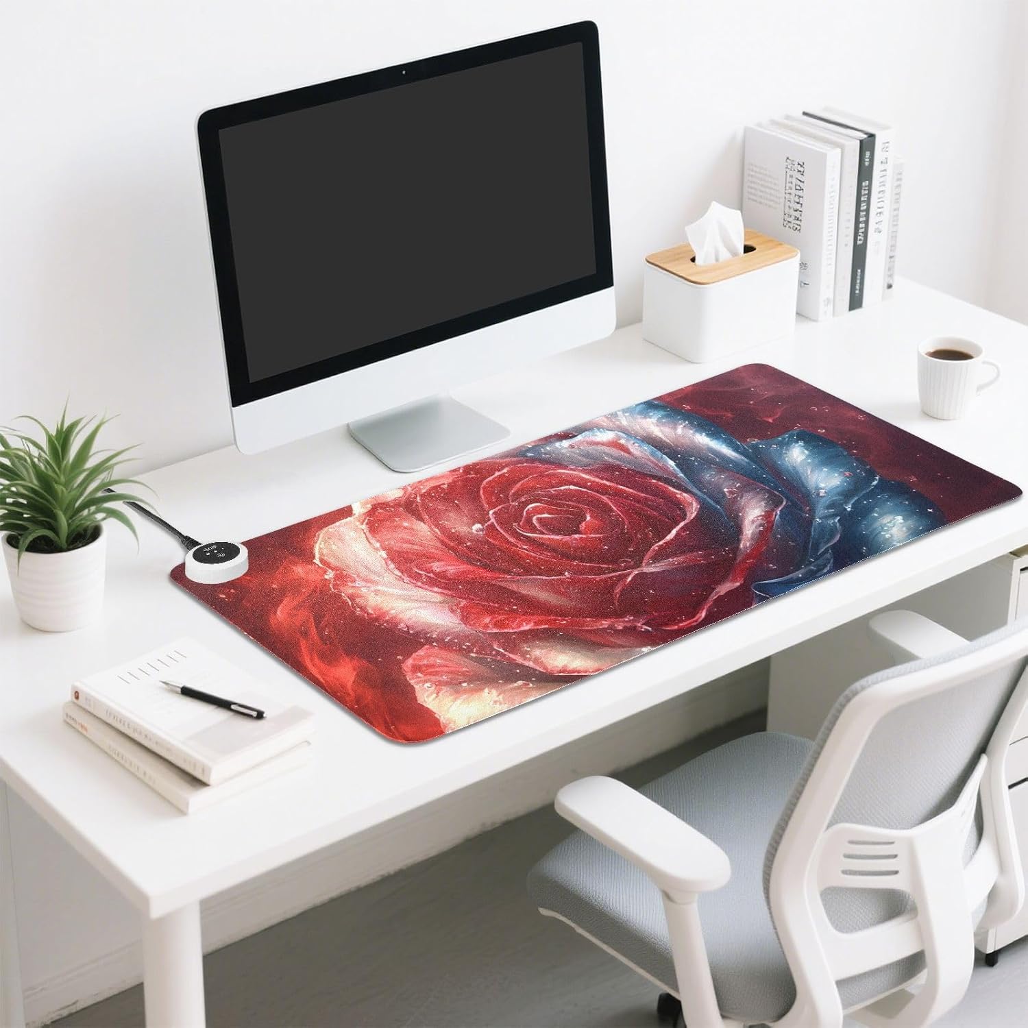 Large Heated Mouse Pad,Leather Desk Mat,31.5"x13", Hand Warmer Pads for Desk,Rose(Red)
