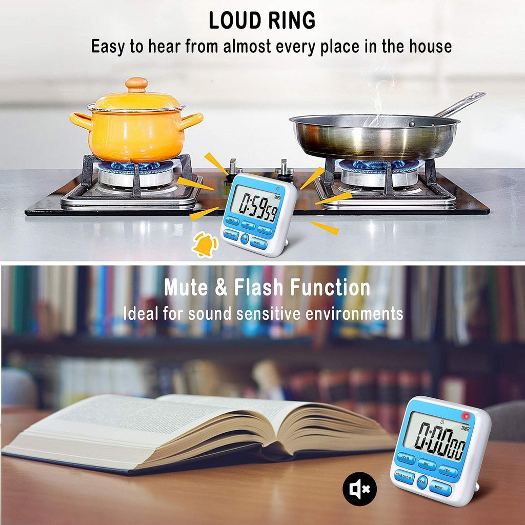 KTKUDY Digital Kitchen Timer with Mute/Loud Alarm Switch ON/Off Switch, 12-Hour Clock & Alarm, Memory Function Count Up & Count Down for Kids Teachers Cooking, Large LCD Display, Strong Magnet (Blue)