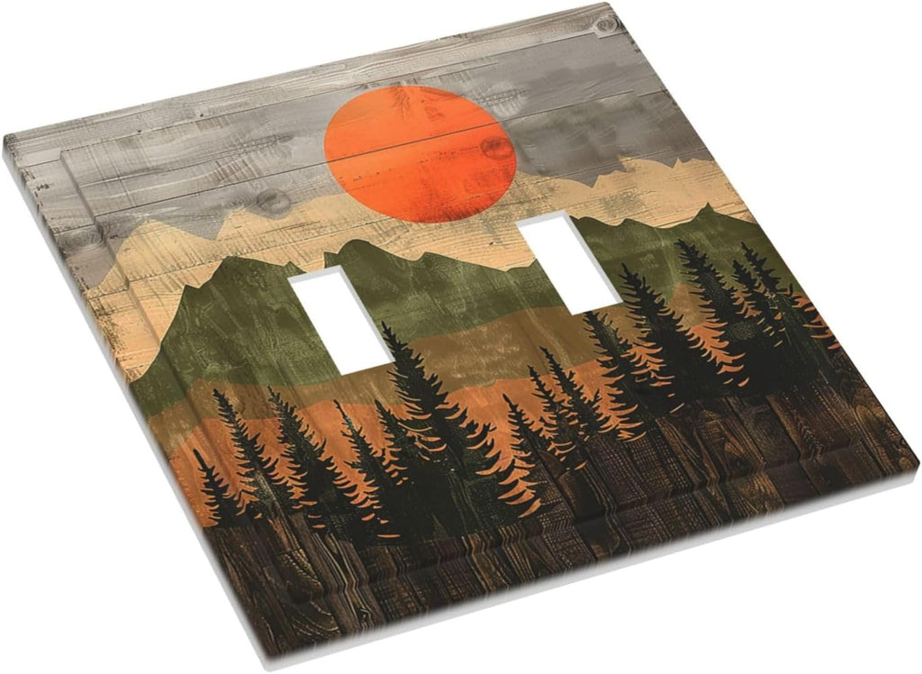 Decorative Switch Plates Vintage Wood Grain Sun Forest Mountains 2 Gang Double Toggle Outlet Light Switch Cover Wall Plate Electrical Faceplate for Farmhouse Cabin Decor