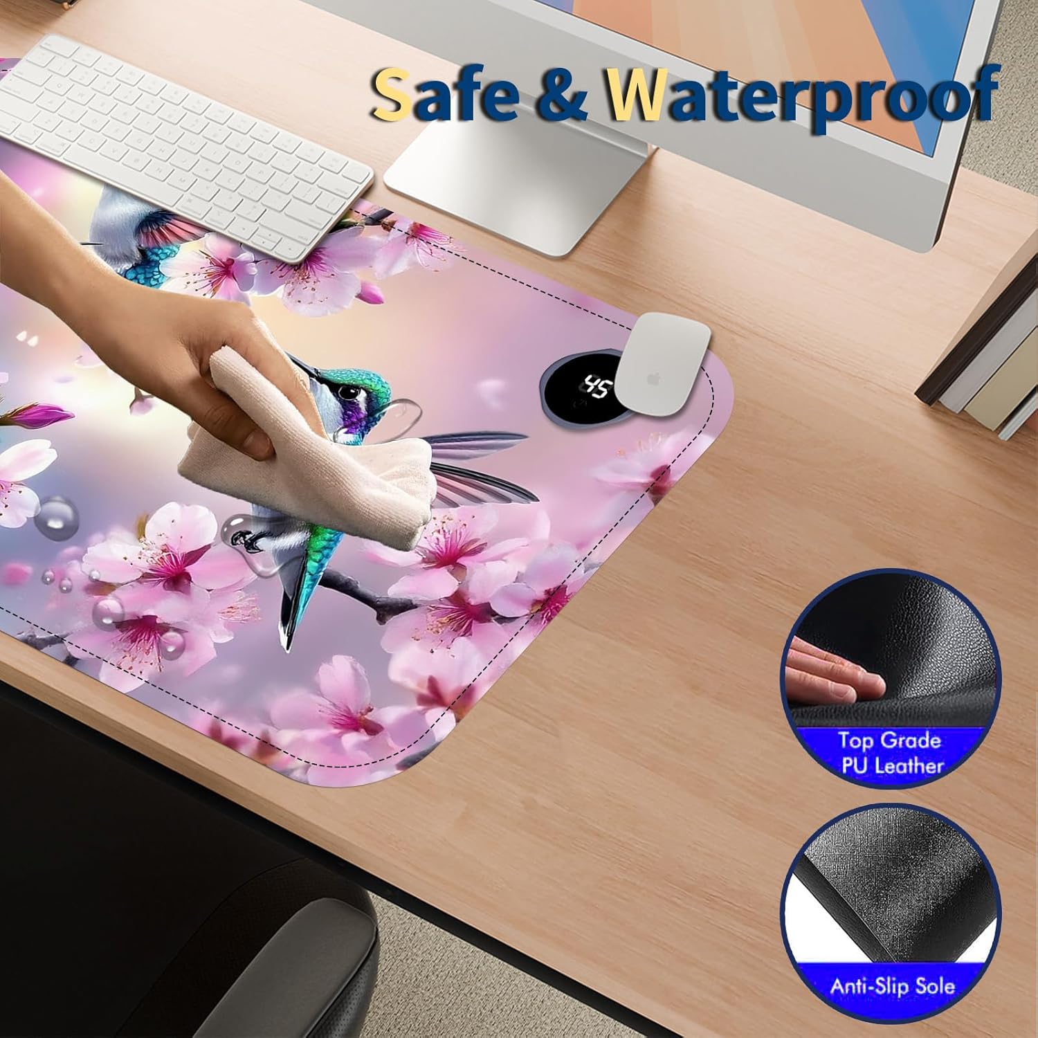 Heated Mouse Pad with 3 Temperature Settings(104°F–122°F),Large 24x14.2 Inch PU Leather Heated Desk Mat,Waterproof Warming Pad for Office,Gaming & Cold Hands Relief,Hummingbirds Flowers