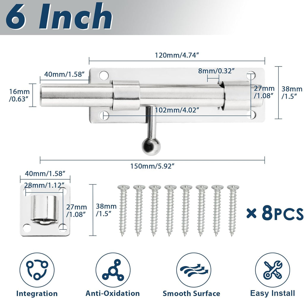 Alise 6 inch Barrel Bolt Latch,Slide Bolt Latch,Heavy Duty Solid SUS304 Stainless Steel Slide Lock for Wooden Fence,Barn Door,Interior or Outdoor Door Chrome MS8000